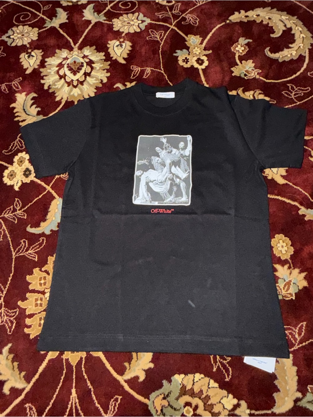Off-White Black Crewneck T-Shirt with Monochrome Classical Print